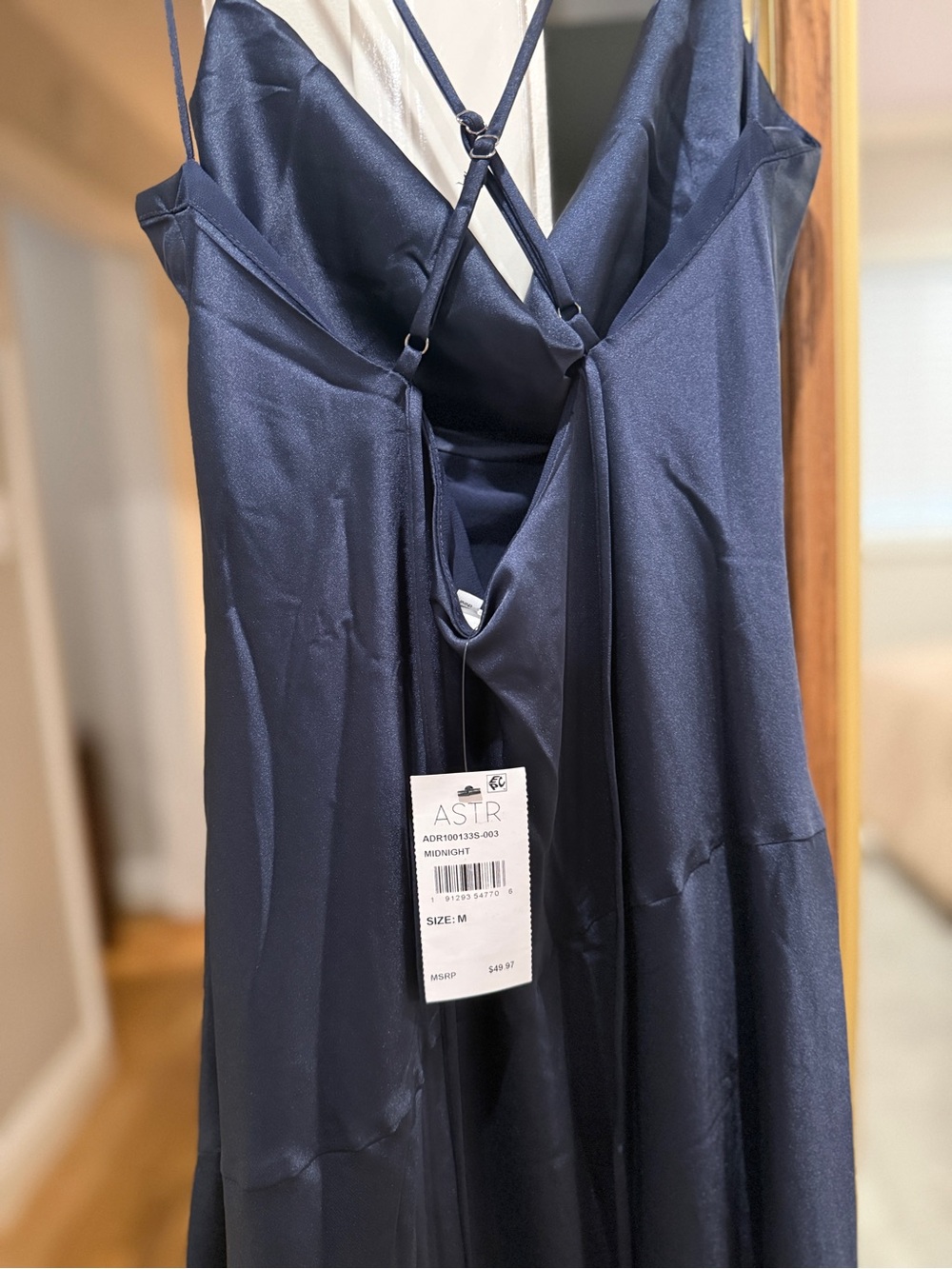 Astr Navy Satin Cowl Midi Dress with High Side Slit - Picture 5 of 7